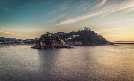 The Concha Gulf with Sunset Sky, San Sebastian, Spainの写真素材