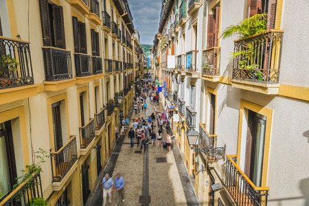 Narrow Street Full of People of San Sebastian Old Town, Spainのeditorial素材