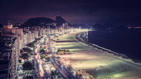 Copacabana Beach at night aerial view, Rio de Janeiro. Vintage colorsの写真素材