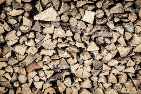 Pile Of Chopped Fire Wood Storage For Winter, Vintage Toneの写真素材