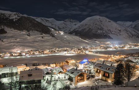 Alpine Ski Resort At Night,  Winter Scenery, Livigno, Italyの写真素材