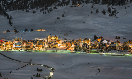 Alpine Ski Resort At Night,  Winter Scenery, Livigno, Italyの写真素材