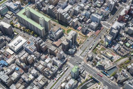 Tokyo urban area with streets and buildings, aerial view, Japanの写真素材