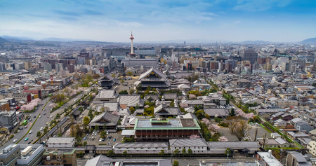 Kyoto skyline with Kyoto Tower and Buddhist Temple, Japanの写真素材