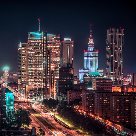 Warsaw downtown at night, Poland. City centerの写真素材