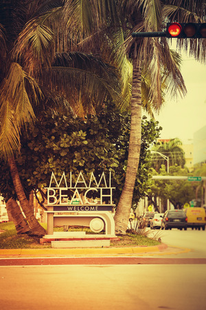 Miami Beach welcome street sign, Florida, United States. Vintage colorsの写真素材