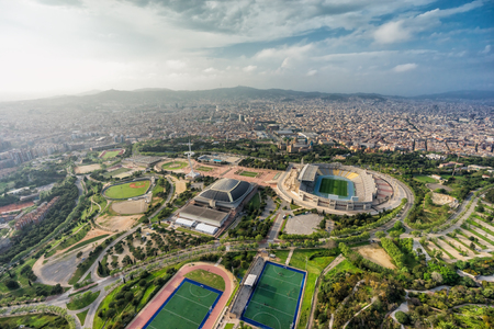 Barcelona aerial wide angle panorama, sport complex with city skyline , Spainの写真素材