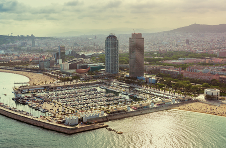 Barcelona aerial,  Port Olimpic with boats and city skyline, Spain. Vintage colorsの写真素材
