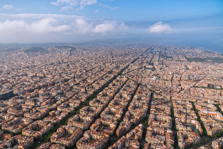 Barcelona aerial, wide angle view of the city skyline and urban grid, Spainの写真素材