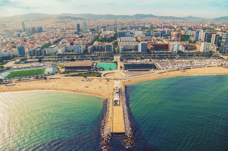 Barcelona aerial, city skyline panorama with beach by the coast, Spainのeditorial素材