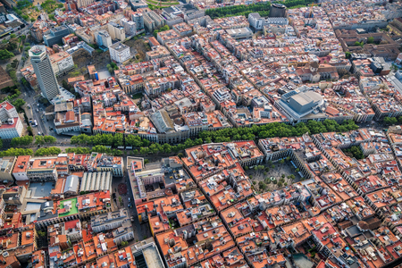 Old town of Barcelona with La Rambla street, Spain. Aerial helicopter viewの写真素材