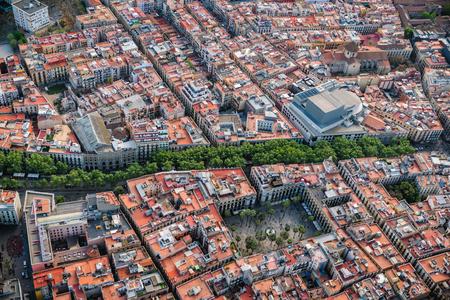 Aerial view of Barcelona Old Town streets and famous La Rambla boardwalk, Spainの写真素材