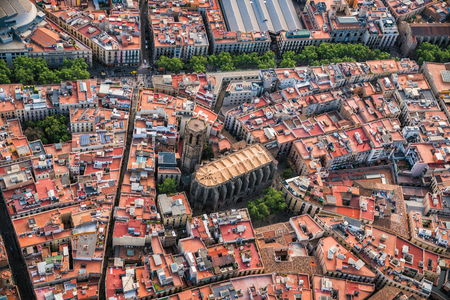 Aerial view of Barcelona Old Town and famous La Rambla street, Spainの写真素材