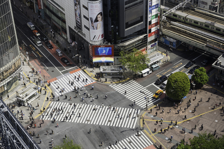 TOKYO, JAPAN - CIRCA APRIL 2017: Pedestrian scramble crosswalk in Shibuya, Tokyo. It is famous to be...