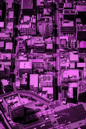 High angle view of Tokyo street and buildings, Japan. Pink colorsの写真素材