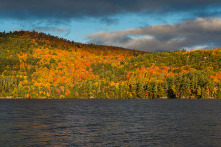 Foliage in Vermont. Multicolor trees on the hills by the lakeの写真素材