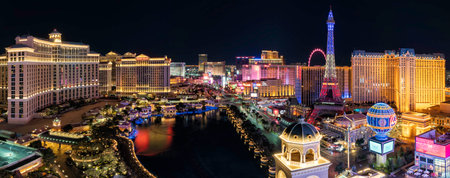 LAS VEGAS, USA - CIRCA JANUARY 2021 : Panorama wide angle view of the Las Vegas Strip and city skyline at night, Nevada, USAのeditorial素材