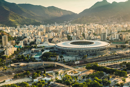 RIO DE JANEIRO, BRAZIL - FEBRUARY 2016: Aerial view of Maracana Stadium with panorama of Rio De Janeiroのeditorial素材