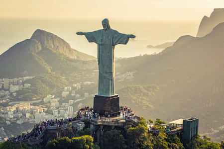 RIO DE JANEIRO, BRAZIL - FEBRUARY 2016:  Aerial view of Christ and Sugar Loaf Mountain, Rio De Janeiro, Brazil . People on the top of Corcovado Hillのeditorial素材