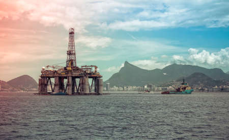 Offshore oil platform with panorama of Rio de Janeiro, Brazilの写真素材