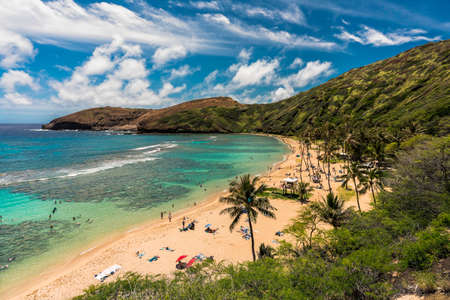 High angle view of Hanauma Bay Beach and people relaxing and snorkeling in clear ocean waterの写真素材