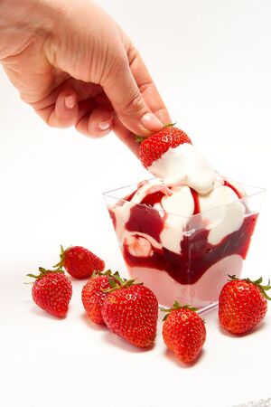 Strawberry dessert with strawberries on a white backgroundの写真素材