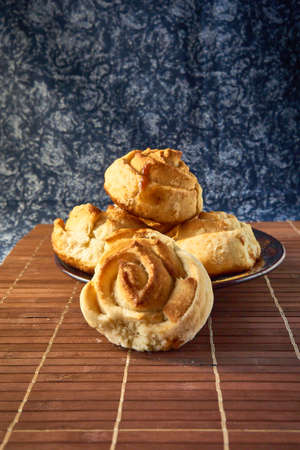 Fresh sweet homemade buns, homemade baked goods.