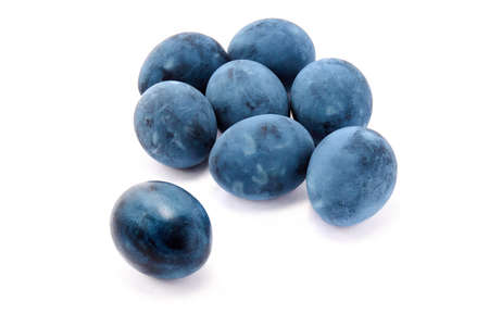 Group of blue painted eggs on a white background.の写真素材