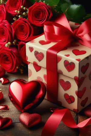 A gift box and a bouquet of red roses are depicted on a wooden background. Vertical close-up version of a holiday card for Valentines Day, a holiday for lovers, floating focus.の素材
