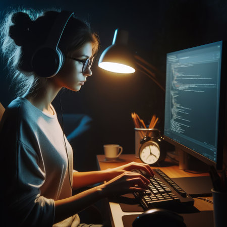A young girl of appearance works at a computer in a dark room under the light of a table lamp, types a code and listens to music with headphones on her head, illustration, AIの素材