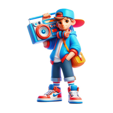 Image of a guy in colorful clothes holding a boombox on his shoulder, on a white background. AI,...