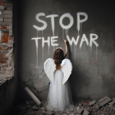 A little girl in a white dress with angel-like wings writes in white chalk Stop the war on the wall...