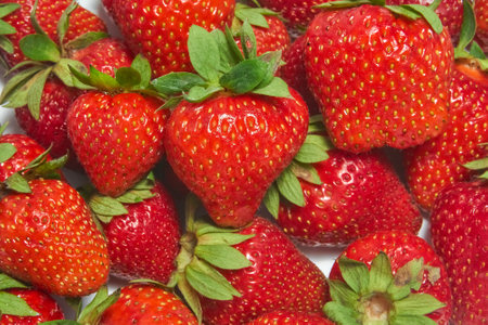 Ripe strawberries with green leaves in close-upの写真素材
