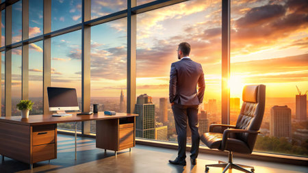A man ponders watching the sun set over the city while standing at a large window in his office. AI, generation, illustrationの写真素材