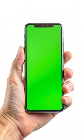 A hand holds a smartphone with a green screen on a white backgroundの写真素材