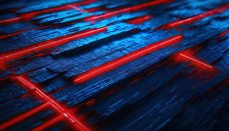 Futuristic abstract background with dynamic blue and red neon lines, creating a textured 3D effect in high tech and cyberpunk style. AI, Generation, Illustration.の素材