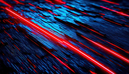 Futuristic abstract background with dynamic blue and red neon lines, creating a textured 3D effect in high tech and cyberpunk style. AI, Generation, Illustration.の素材