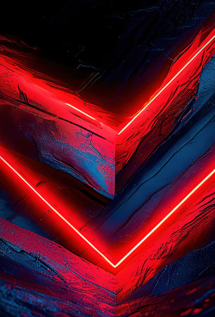 Abstract composition in neon style with bright red lines forming a V-shaped pattern on a dark blue background. AI, Generation, Illustration.の素材