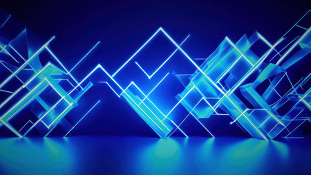 3D composition with bright neon lines in blue-violet tones. AI, Generation, Illustration.の素材