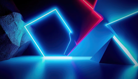 3D composition with neon lines in blue-violet and red tones. AI, Generation, Illustration.の素材