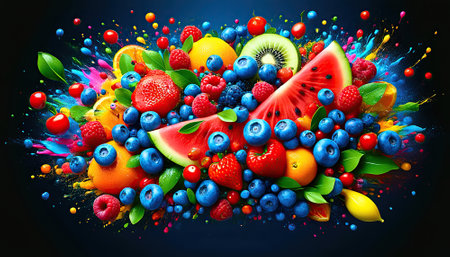 Dynamic explosion of colors with fruits and berries, spectacular background. AI, Generation, Illustration.の素材