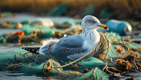 A sea gull entangled in a pile of discarded fishing nets and ropes on the background of plastic garbage. Pollution and protection of the environment and marine ecosystem. AI, Generation, Illustration.の素材