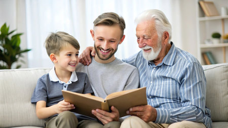 A boy, his father and grandfather are sitting on a sofa in a bright living room, looking happy, and reading a book together. AI, Generation, Illustration.の素材