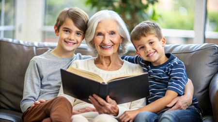 Grandmother and grandchildren are sitting on the sofa in the living room and looking at a family photo album with smiles on their faces. AI, Generation, Illustration.の素材