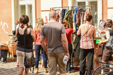 TIMISOARA, ROMANIA - April 27, 2013: People participating at the free market exchange event hold in the city centerのeditorial素材