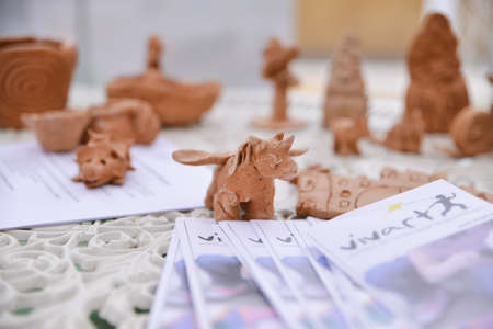 TIMISOARA, ROMANIA - June 24, 2018: Public charity event called Opera Fashion Fair. Backstage moments Details of art works done by childrenのeditorial素材