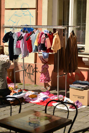 TIMISOARA, ROMANIA - April 27, 2013: People participating at the free market exchange event hold in the city centerのeditorial素材