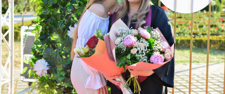 Student stands confidently in graduation outfit with friends and family posing outside for memorable group photos togetherの写真素材