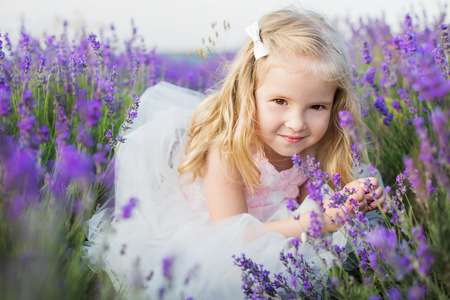 portrait smiling toddler girl in lavender fieldの写真素材