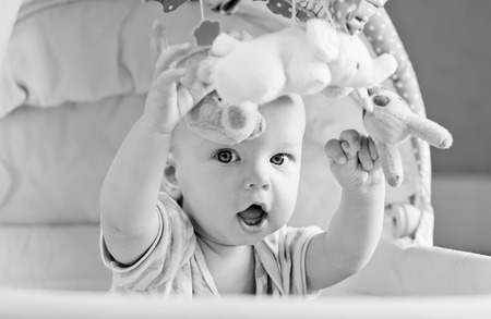 Baby boy playing sitting in the cradle with mobile toy ( black and white )の写真素材